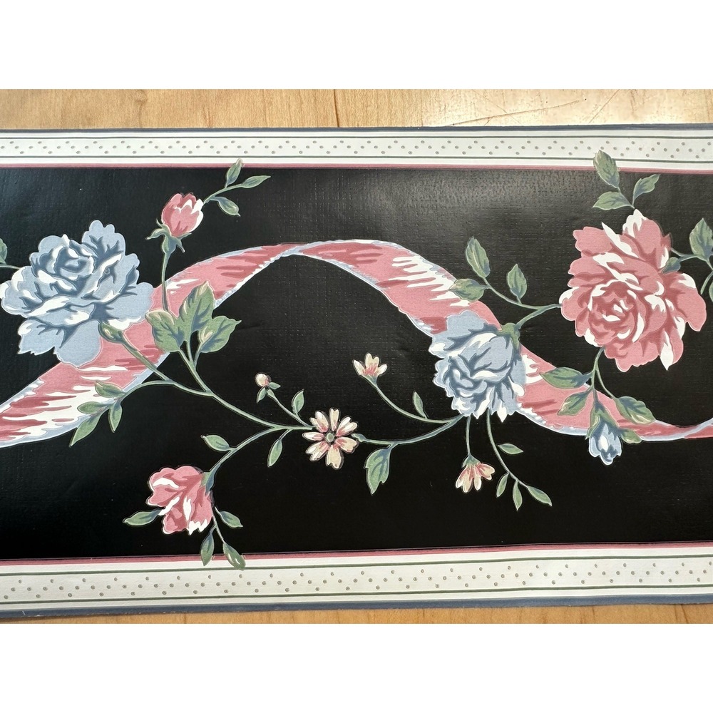 Imperial Vintage Floral Wallpaper Border Pink Blue Black Roses 15ft WB3032 NOS